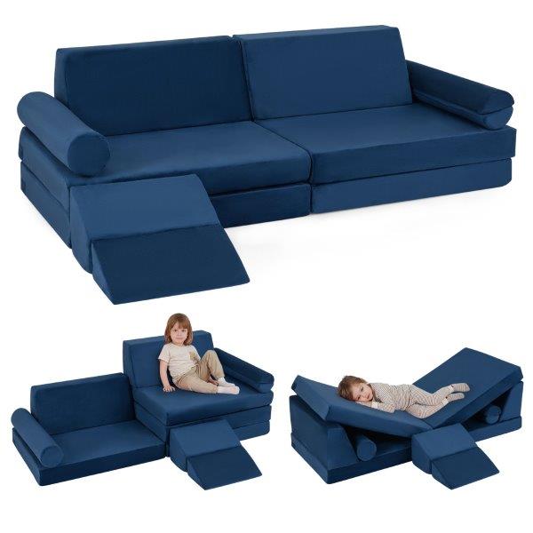 Modulinė vaikiška žaidimų sofa su minkštu krištolo aksominiu audiniu (Mėlyna/Pilka)